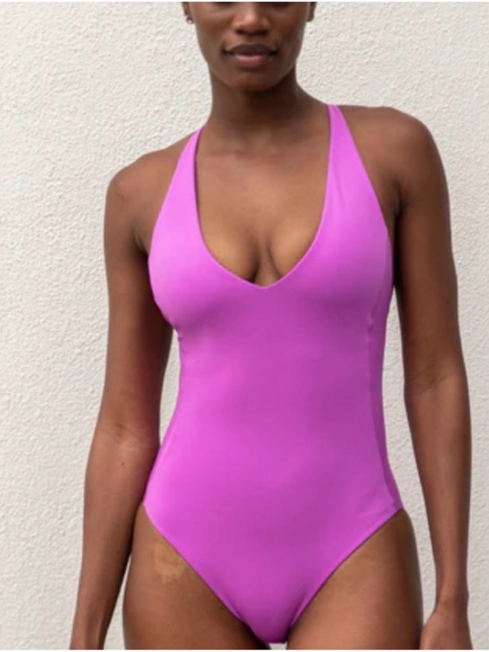 Left On Friday Weekender Swimsuit M Purple Plunge One Piece X Back Low Cut